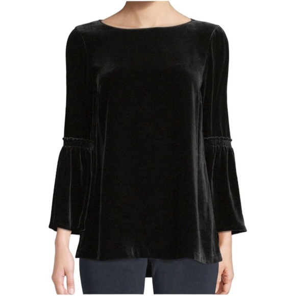 LAFAYETTE 148 Roslin Black Velvet Bell Sleeve Top Boatneck Blouse Holiday Medium - Picture 2 of 9